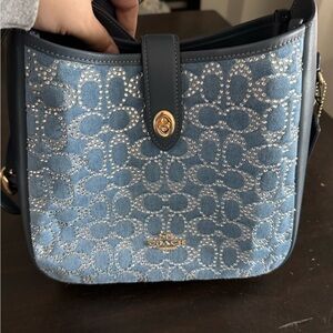 Coach Light Blue Signature Jacquard Crossbody Bag with Gold Hardware